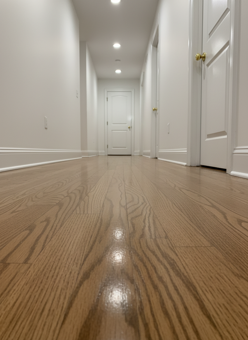 A narrow hallway with freshly cleaned, medium-toned hardwood floors that show subtle, even reflections of the surrounding white walls and simple baseboards. The floorboards run lengthwise, their grain patterns crisp and free of dust or debris, with small gaps between planks perfectly clear. Along the wall, closed white doors appear smudge-free, their brass doorknobs polished and gleaming under warm overhead recessed lighting. The photographic composition is taken from a low angle near floor level, leading the viewer’s eye down the corridor, emphasizing the length and cleanliness of the space. The mood is quiet, orderly, and secure, echoing the professionalism and reliability of a residential cleaning company that pays attention to every detail, even in transitional spaces.
