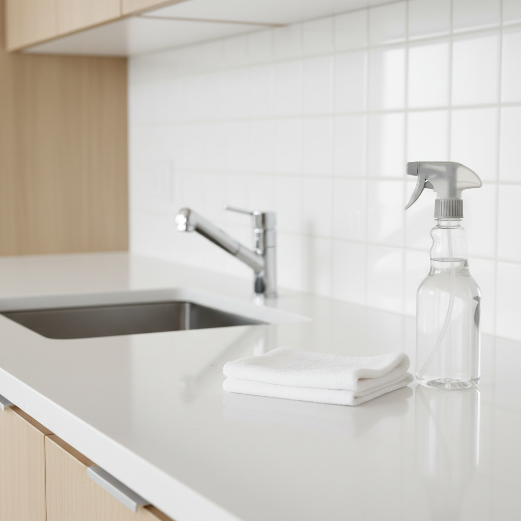 A close-up, photographic view of a pristine white kitchen countertop made of polished quartz, gleaming under bright, diffused overhead lighting. A stainless steel sink with a spotless, reflective basin sits to one side, with chrome fixtures shining and free of water spots. The tiled backsplash is perfectly clean, with grout lines looking fresh and bright. On the counter, a single folded, neatly stacked white microfiber cloth and an unlabeled, transparent spray bottle half-filled with clear liquid suggest recent professional cleaning. Shot from a slightly elevated angle with a shallow depth of field, the background cabinets blur softly, emphasizing the immaculate surfaces. The mood is hygienic, orderly, and professional, ideal for a cleaning company focused on safety and precision.