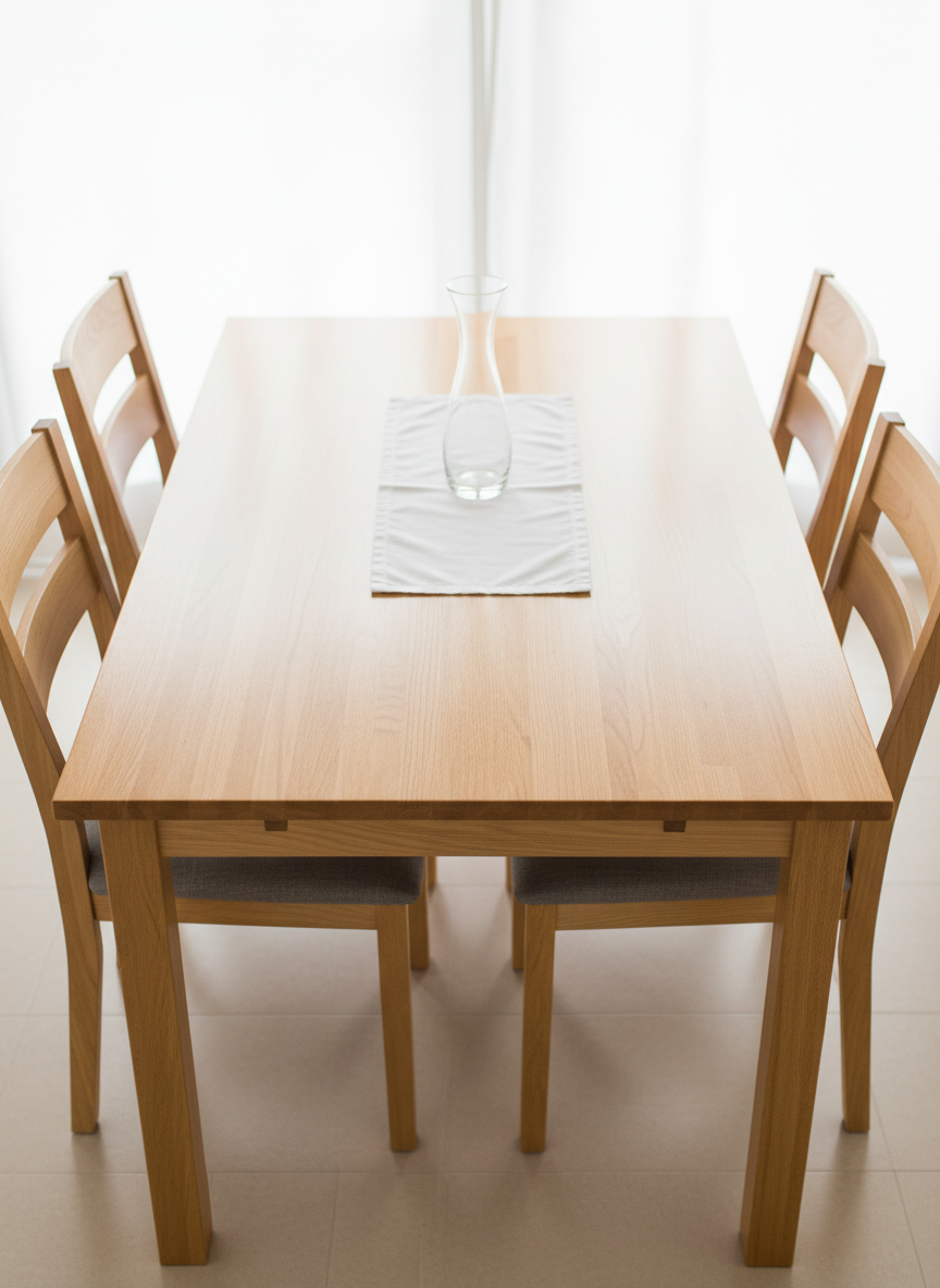 A top-down, photographic view of a meticulously cleaned dining table made of light oak wood, its surface smooth, dust-free, and subtly reflective. Four simple, modern chairs with upholstered gray seats are perfectly aligned around the table, their fabric looking fresh and lint-free. The center of the table features a minimalist centerpiece: an empty, clear glass vase on a small white runner, both spotless and precisely positioned. Soft, diffused daylight from an unseen window creates a gentle, even illumination with barely-there shadows, emphasizing the absence of clutter and grime. The composition is symmetrical and balanced, evoking order and professionalism. The overall mood is calm, safe, and welcoming, ideal for highlighting the results of a careful residential cleaning.