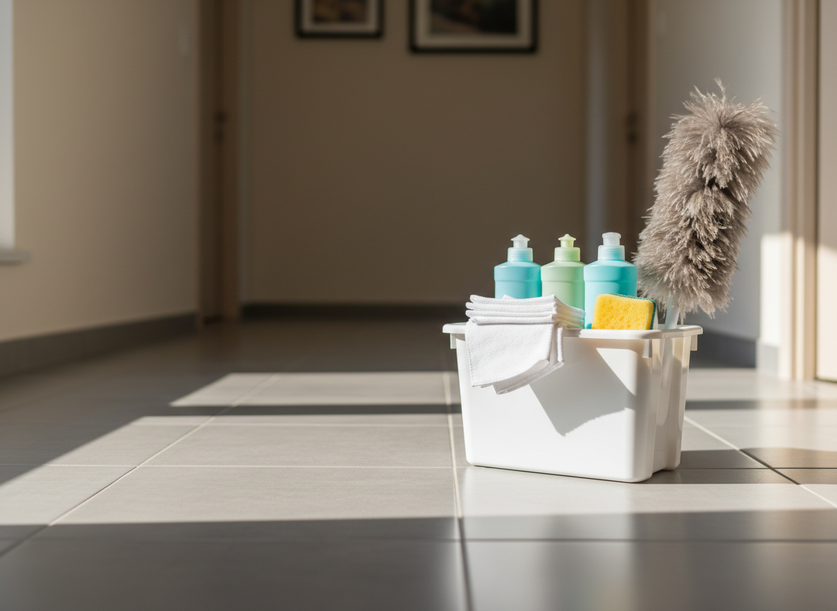 A detailed, photographic close-up of a professional cleaning caddy resting on a spotless tiled floor in the corner of a sunlit hallway. The sturdy white plastic caddy contains neatly arranged, unlabeled bottles in soft blues and greens, folded white microfiber cloths, a non-scratch sponge, and a feather duster with clean, gray plumes. The tiles beneath are freshly mopped, with a subtle, even sheen and precise grout lines. Warm natural light enters from an unseen window, casting gentle, elongated shadows that suggest early afternoon. Shot from a low angle with a shallow depth of field, the background hallway blurs into soft neutral tones, placing emphasis on the tools. The mood is organized, reliable, and professional, underscoring the thoroughness and safety of the cleaning company’s methods.