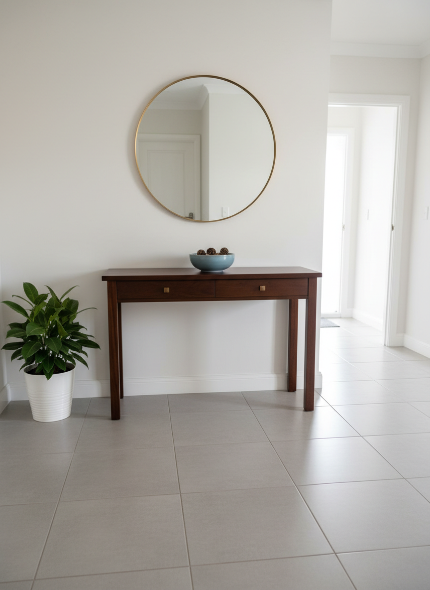 A welcoming residential entryway that has just been professionally cleaned, featuring a dark wooden console table with a flawless, dust-free surface, a neatly aligned decorative bowl, and a simple, modern mirror above reflecting a bright, tidy hallway. The floor showcases polished ceramic tiles in light gray, shining subtly and free of footprints or streaks. A small, well-maintained plant in a white pot adds a touch of freshness, with no fallen leaves or debris nearby. Natural daylight streams in from a nearby doorway, creating soft, elongated shadows and gentle highlights on the polished surfaces. Captured from an eye-level perspective using a wide, photographic composition, the scene feels inviting, secure, and orderly, communicating the premium, professional nature of the residential cleaning service.