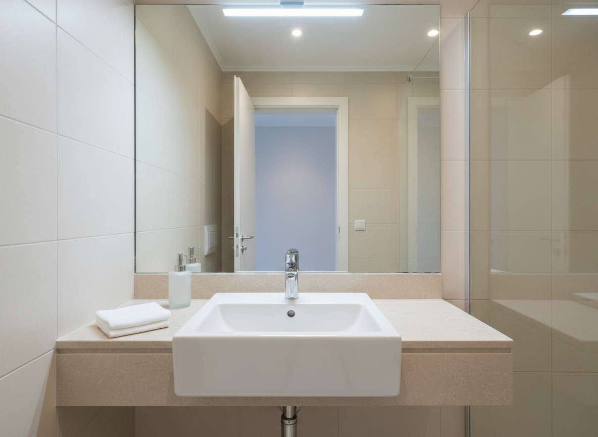 A bright, freshly sanitized bathroom interior with a gleaming white porcelain sink, spotless chrome faucet, and a mirror so clean it reflects light without streaks or smudges. The countertop, made of smooth, light beige stone, is completely clutter-free except for a neatly folded white hand towel and a simple, unlabeled soap dispenser. The tiled walls and shower glass are immaculate, with no water marks or residue, subtly catching soft overhead lighting. The camera is positioned at eye level facing the sink and mirror, with sharp focus and a clean, modern composition. Cool, even lighting creates a sense of hygiene and safety, while the overall photographic style emphasizes the precision and thoroughness of a professional cleaning service specializing in residential bathrooms.