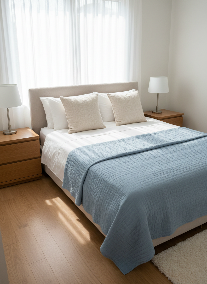 An elegantly organized bedroom after a deep professional cleaning, showcasing a perfectly made bed with crisp white linens, a light blue quilt smoothed without wrinkles, and two neatly arranged pillows with subtle textured covers. The nightstands on either side are dust-free, each holding a simple, clean-lined lamp on a polished wood surface that reflects soft highlights. Sunlight streams through a large, spotless window with sheer curtains, creating a gentle, natural glow and faint shadows along the freshly swept light oak floor. Captured from a corner of the room at a slightly elevated angle, the composition uses rule of thirds to highlight the bed as the focal point. The photographic realism and serene atmosphere communicate comfort, cleanliness, and professional residential care.